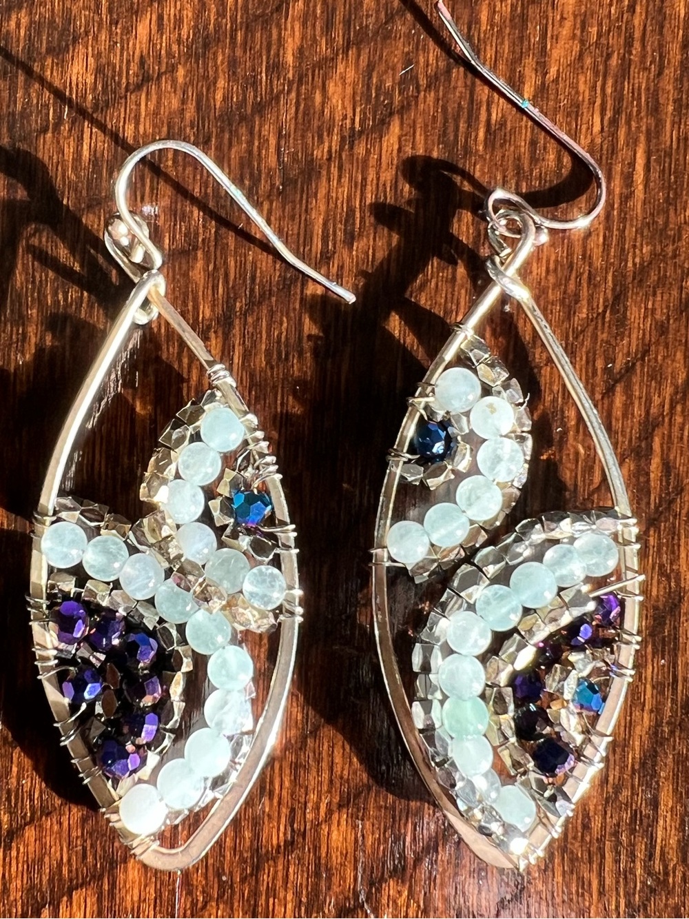 Boho Wire Wrapped Beaded Dangle Earrings Purple White Silver Tone Handmade Style